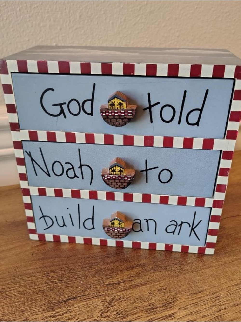Vtg 90s Handcrafted Noah's Ark Wooden Chest Organizer 3 drawers Nursery Decor